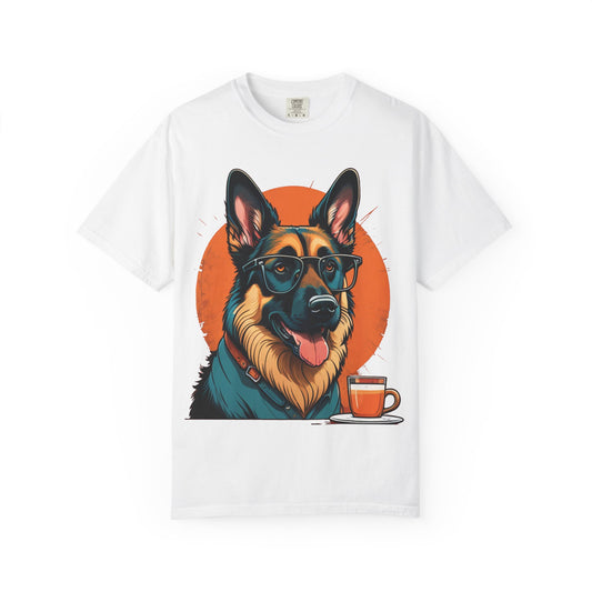 German Shepherd Coffee T-Shirt — Cool Dog Graphic Tee with Sunglasses & Mug