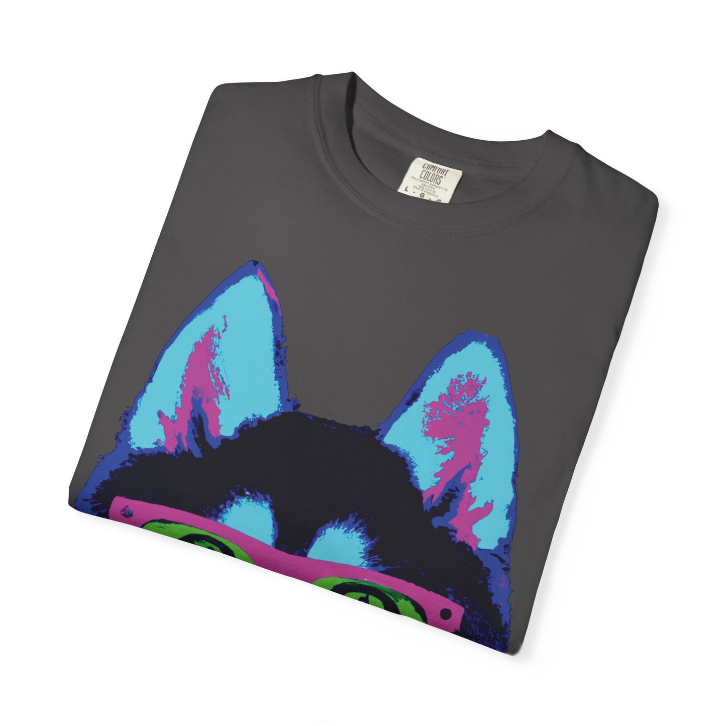 Pop Art Husky T-Shirt — Colorful Dog Face with Sunglasses, Back 'PLURout.com' Graphic