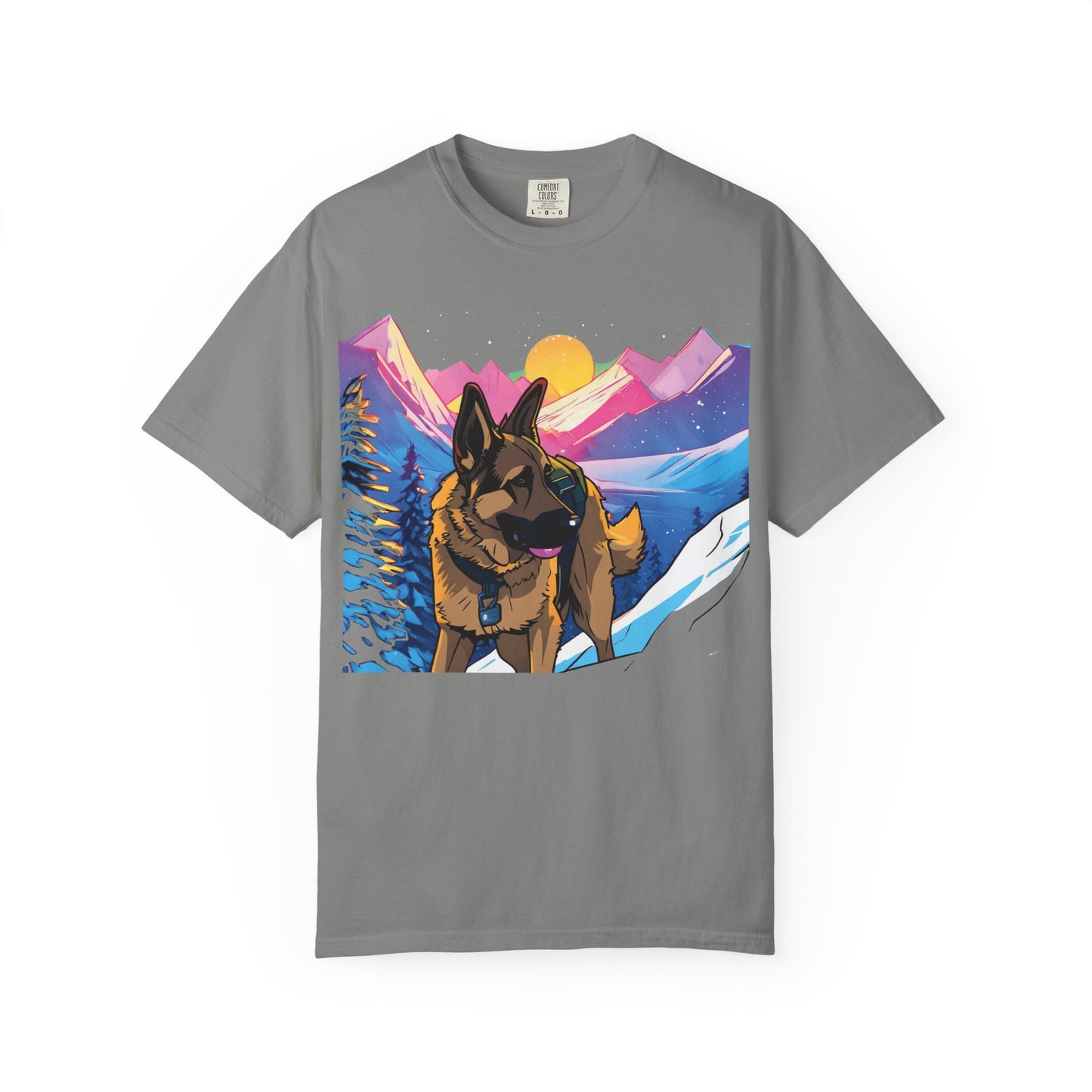 German Shepherd Mountain Sunset T-Shirt — Scenic Dog Graphic Tee