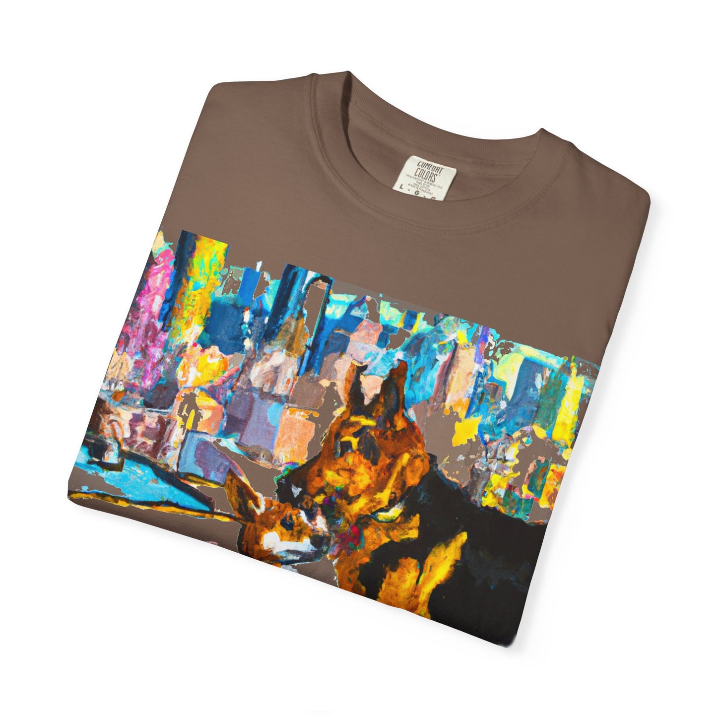 Dog Art T-Shirt — Colorful Urban Canine Print (Back Logo "PLUKOUT.com")