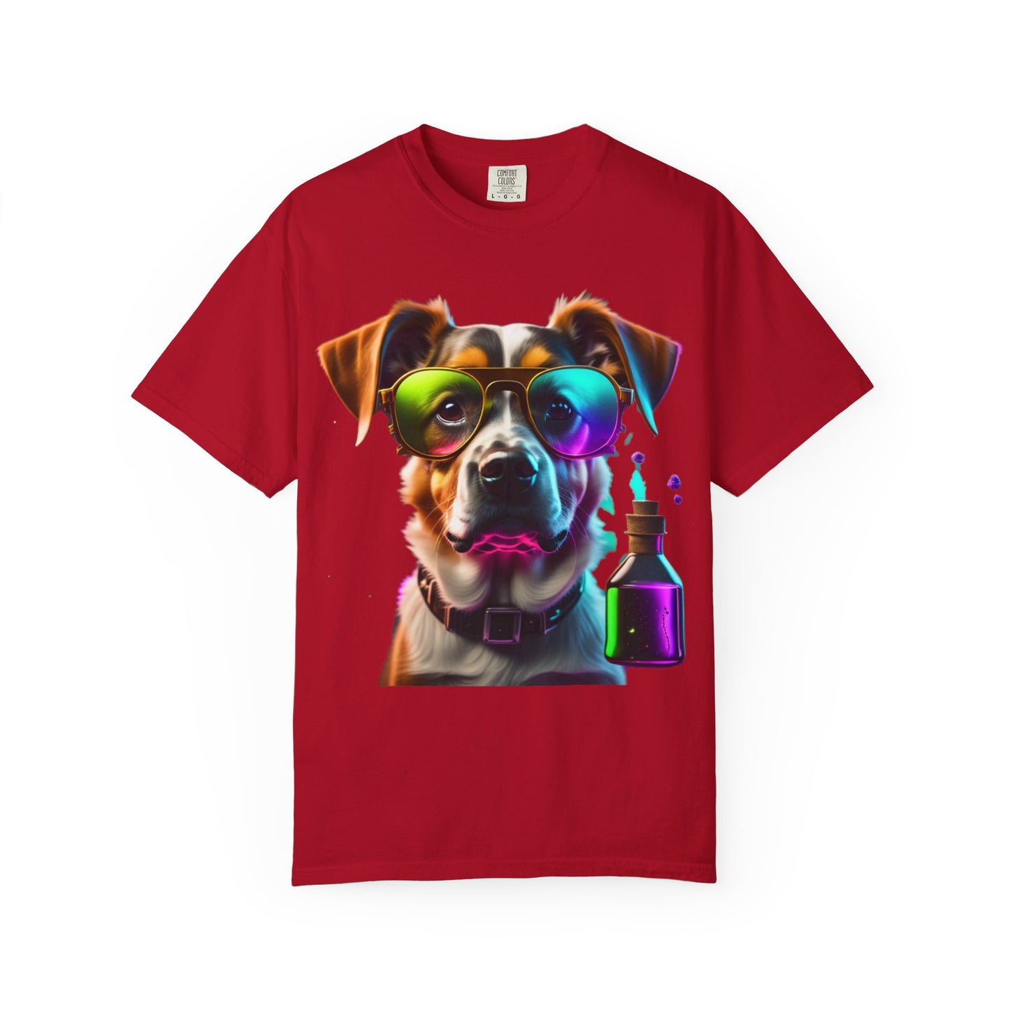 Dog Chemist Graphic T-Shirt — Colorful Lab Pup Design with 'Plurout.com' Backprint
