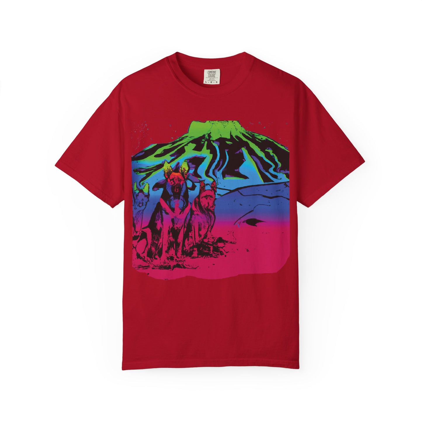 Psychedelic Volcano Dogs T-Shirt — Neon Mountain Graphic Tee