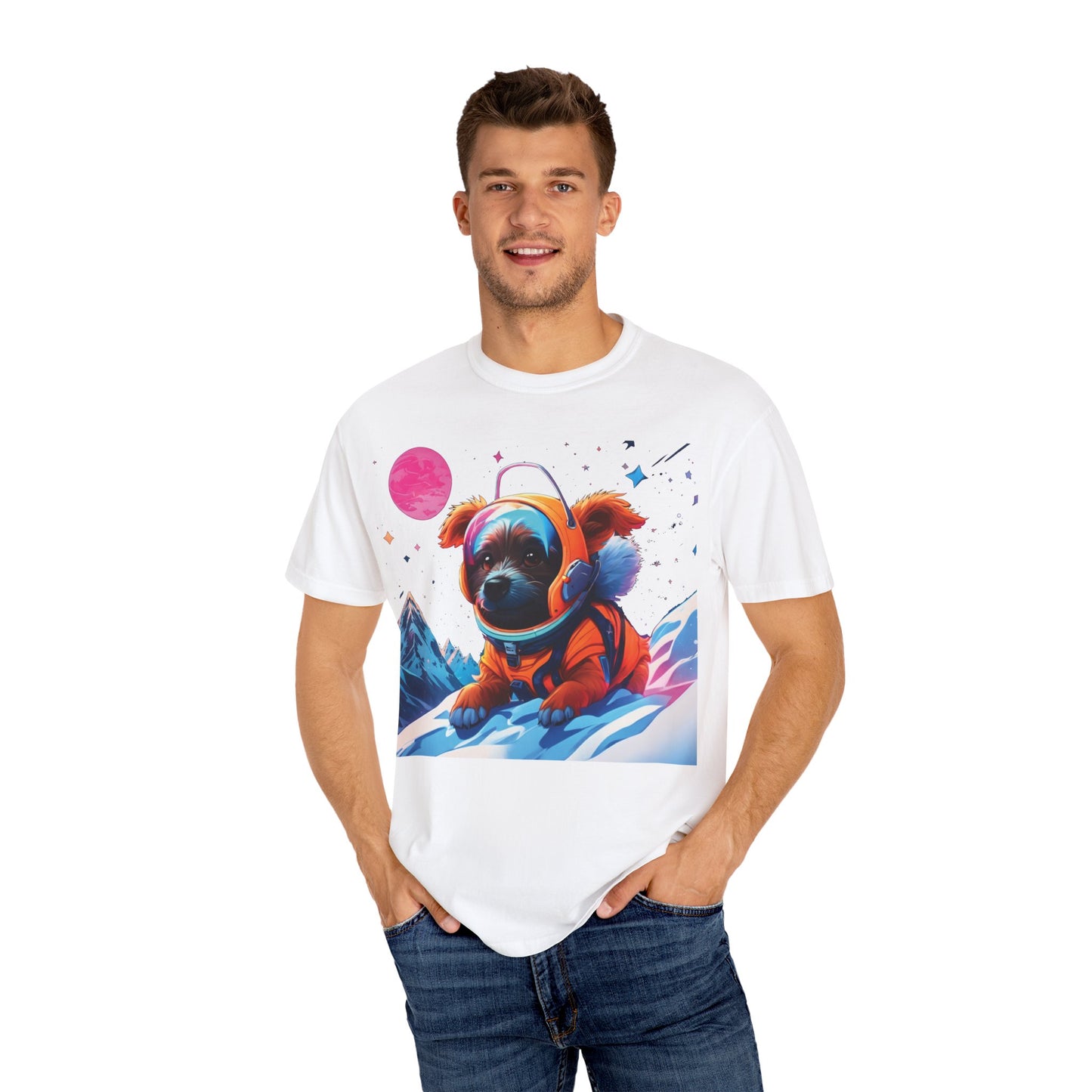 Astronaut Pug T-Shirt — Cute Space Dog Graphic Tee with PLUROUT.com Back Print