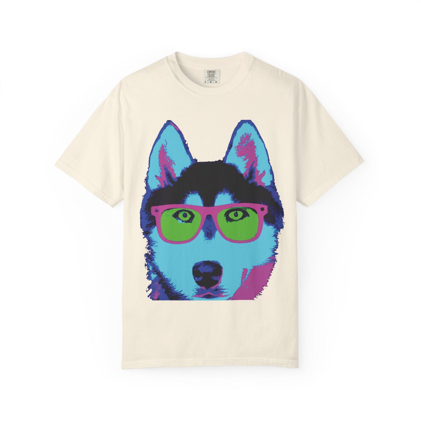 Pop Art Husky T-Shirt — Colorful Dog Face with Sunglasses, Back 'PLURout.com' Graphic