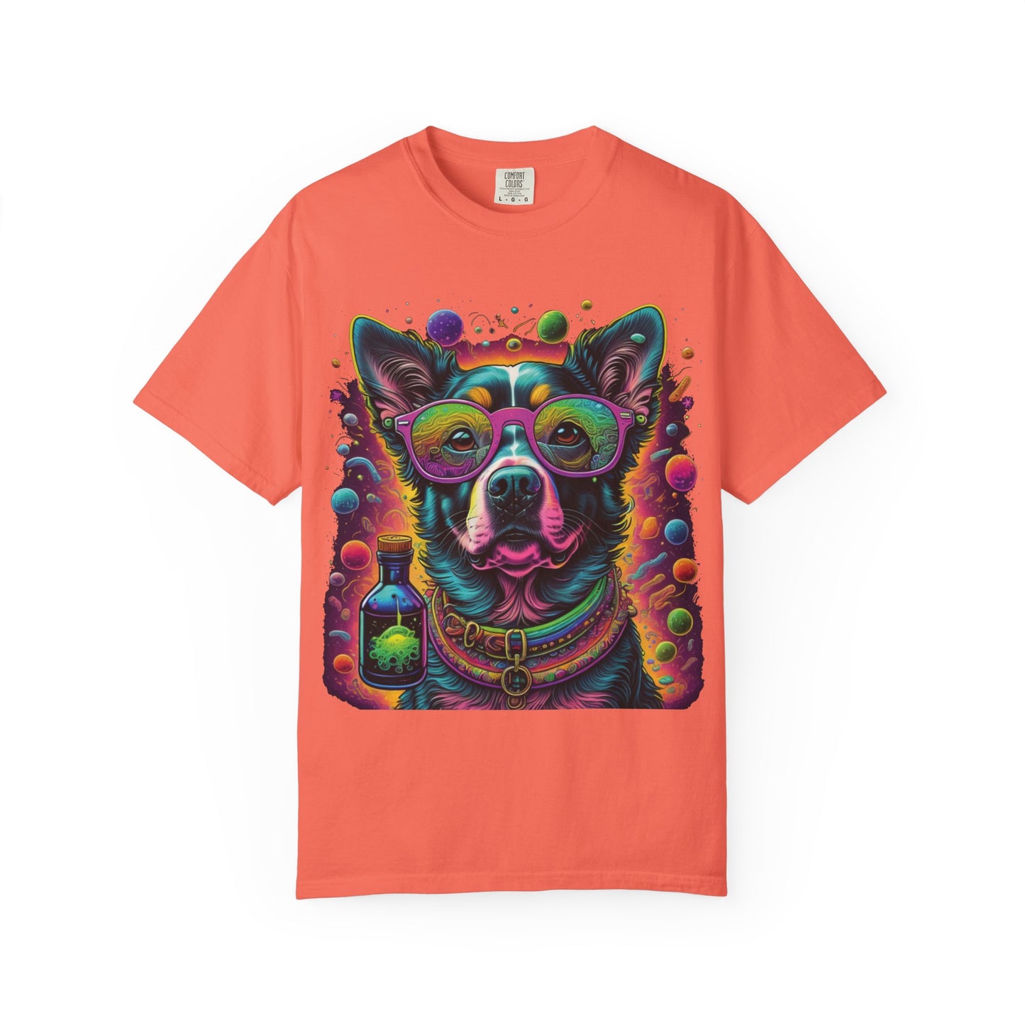 Psychedelic Dog Graphic T-Shirt — Vibrant Neon Pup Art Tee