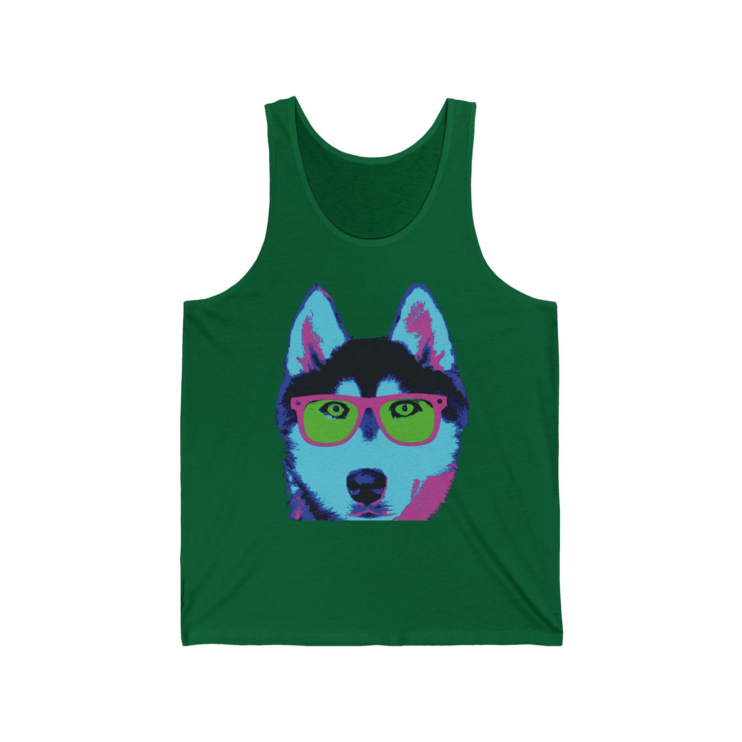 Pop Art Husky Tank Top — Colorful Dog Face Tank with 'Plurout.com' Accent