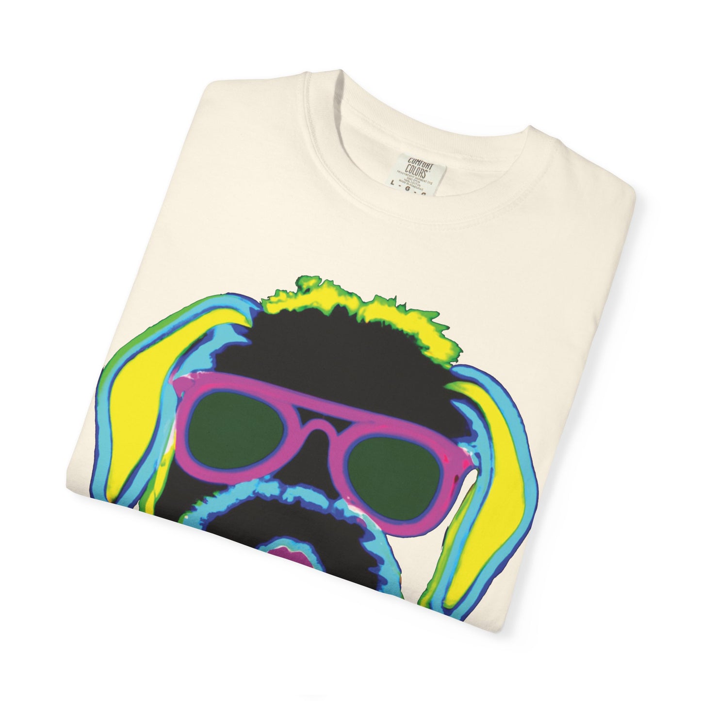 Neon Cool Dog Graphic T-Shirt — Sunglasses Pup Tee with PlurOut Backprint