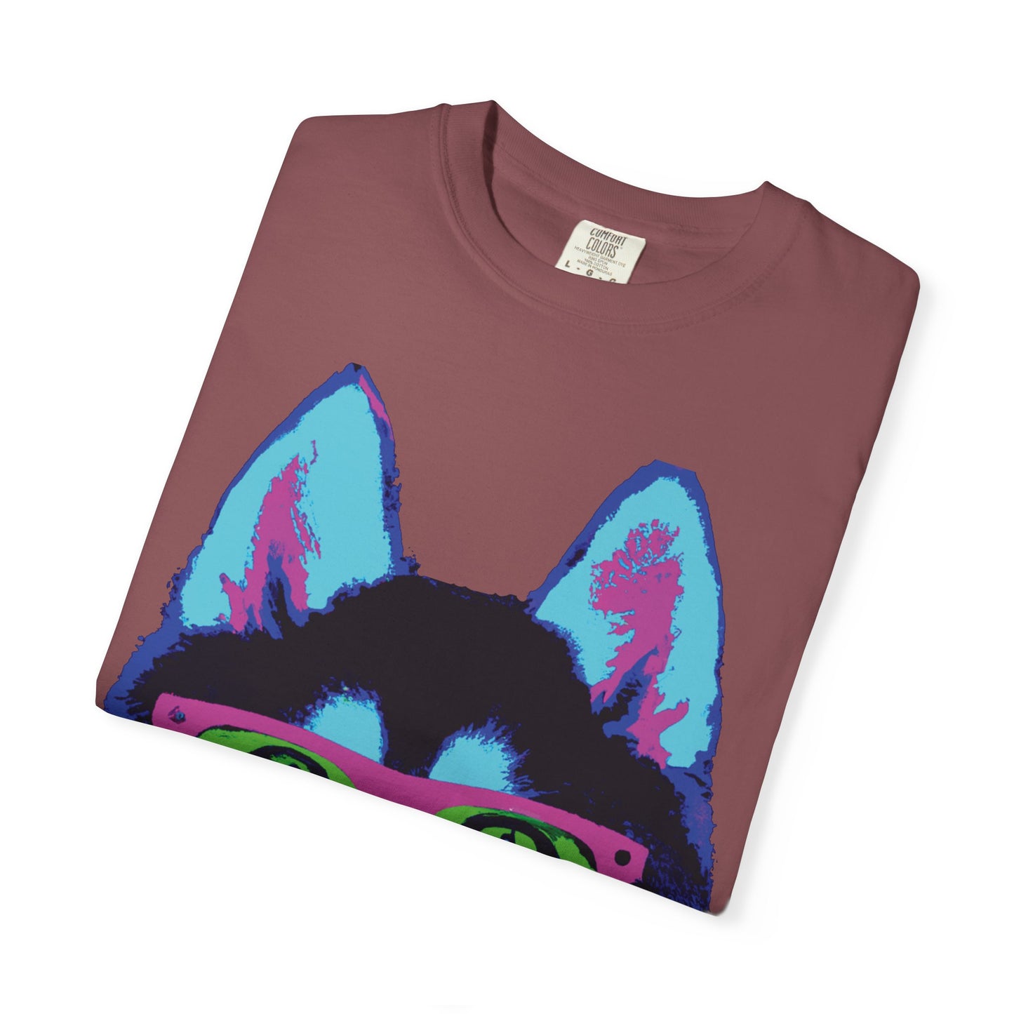 Pop Art Husky T-Shirt — Colorful Dog Face with Sunglasses, Back 'PLURout.com' Graphic