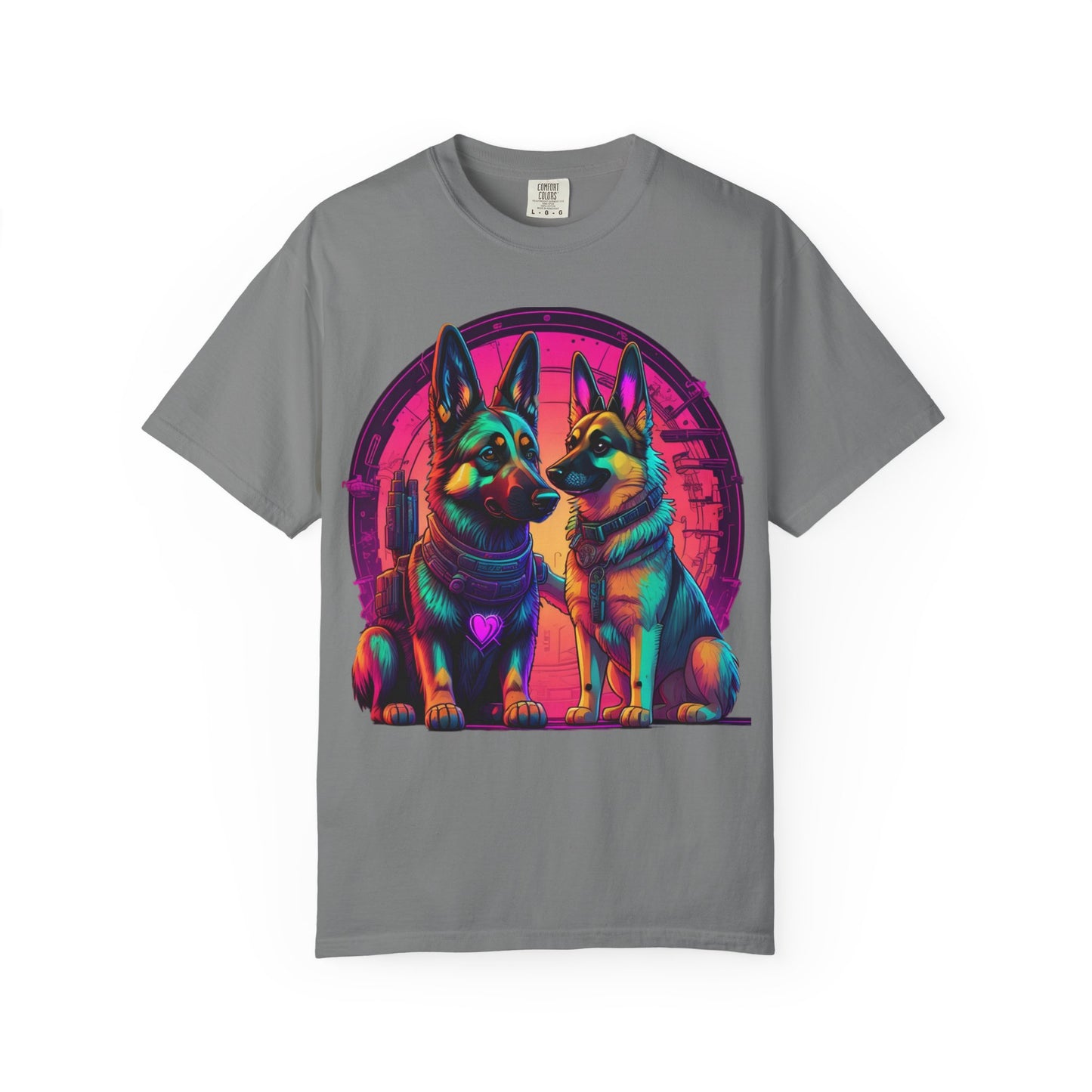 German Shepherd T-Shirt — Neon Retro Dog Duo Graphic Tee