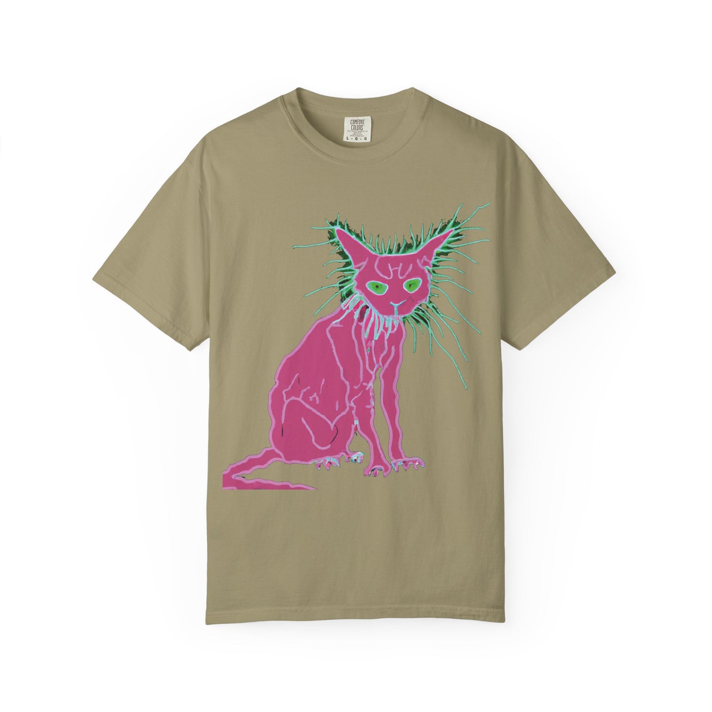 Sphynx Cat Graphic T-Shirt — Neon Pink & Green Punk Cat Design