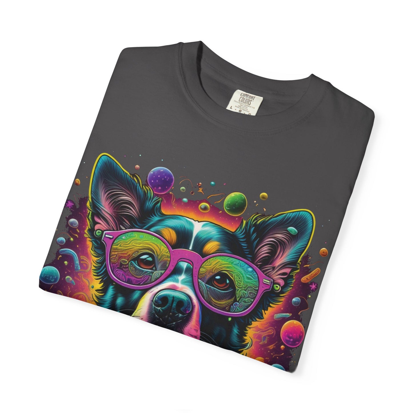 Psychedelic Dog Graphic T-Shirt — Vibrant Neon Pup Art Tee