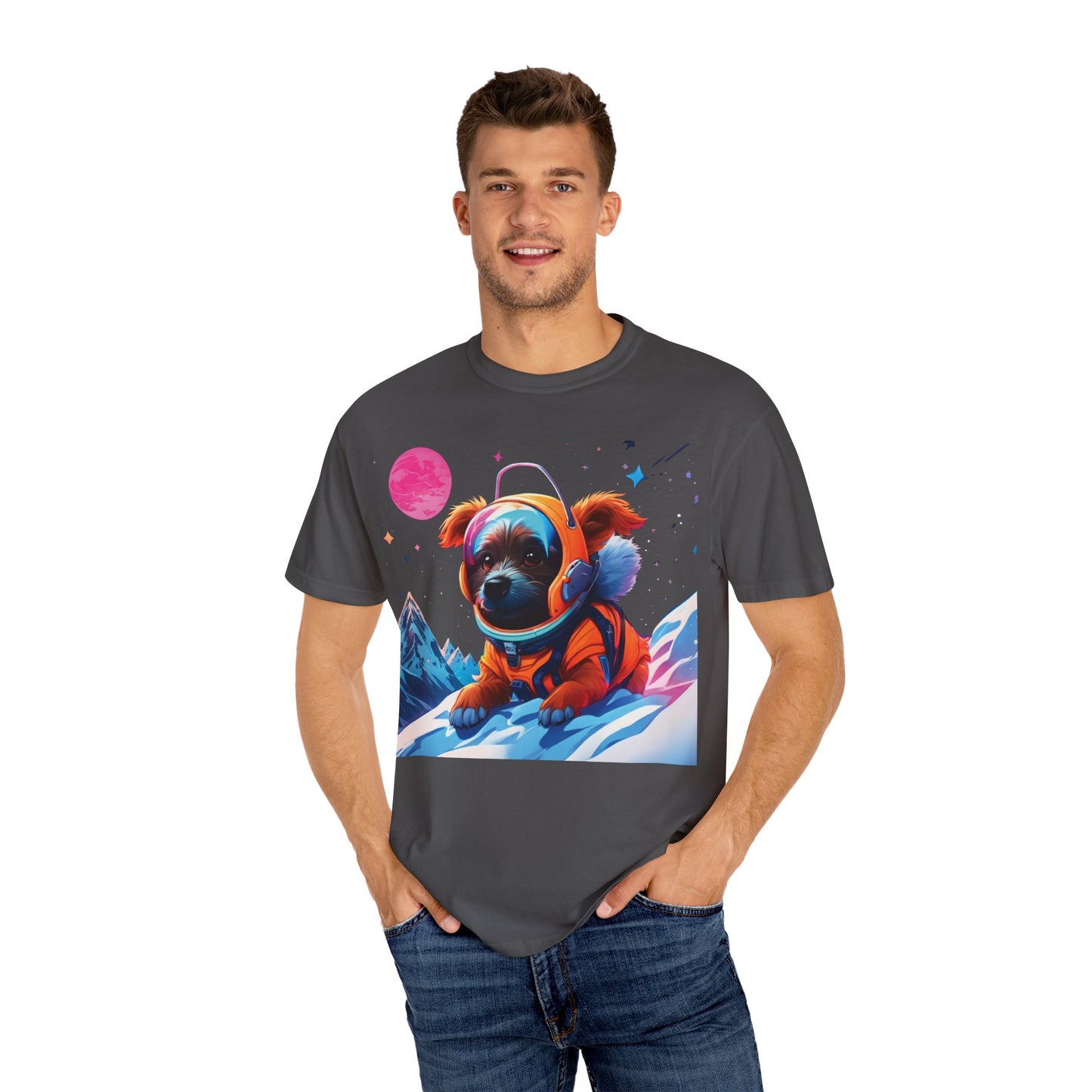 Astronaut Pug T-Shirt — Cute Space Dog Graphic Tee with PLUROUT.com Back Print