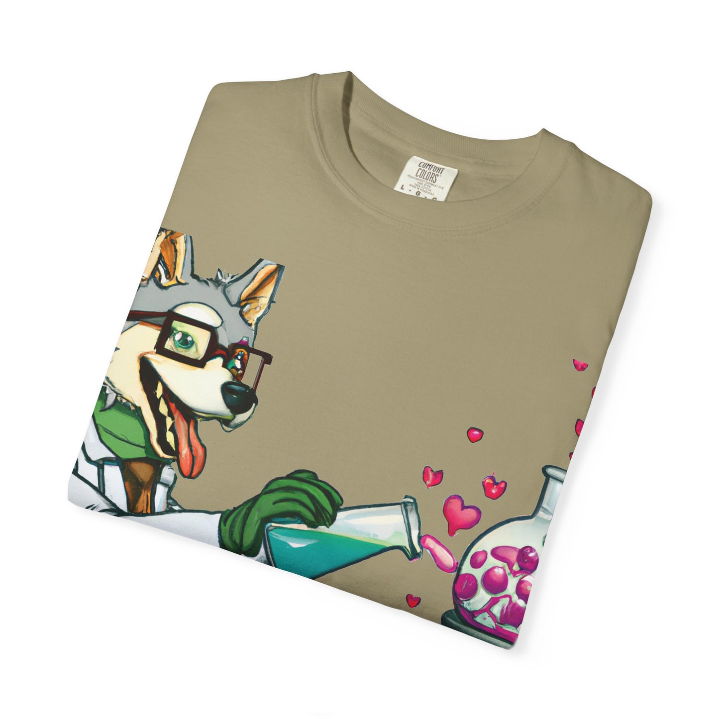 Chemist Dog T-Shirt — Cute Lab Scientist Pouring Love (Plurout.com Back Print)