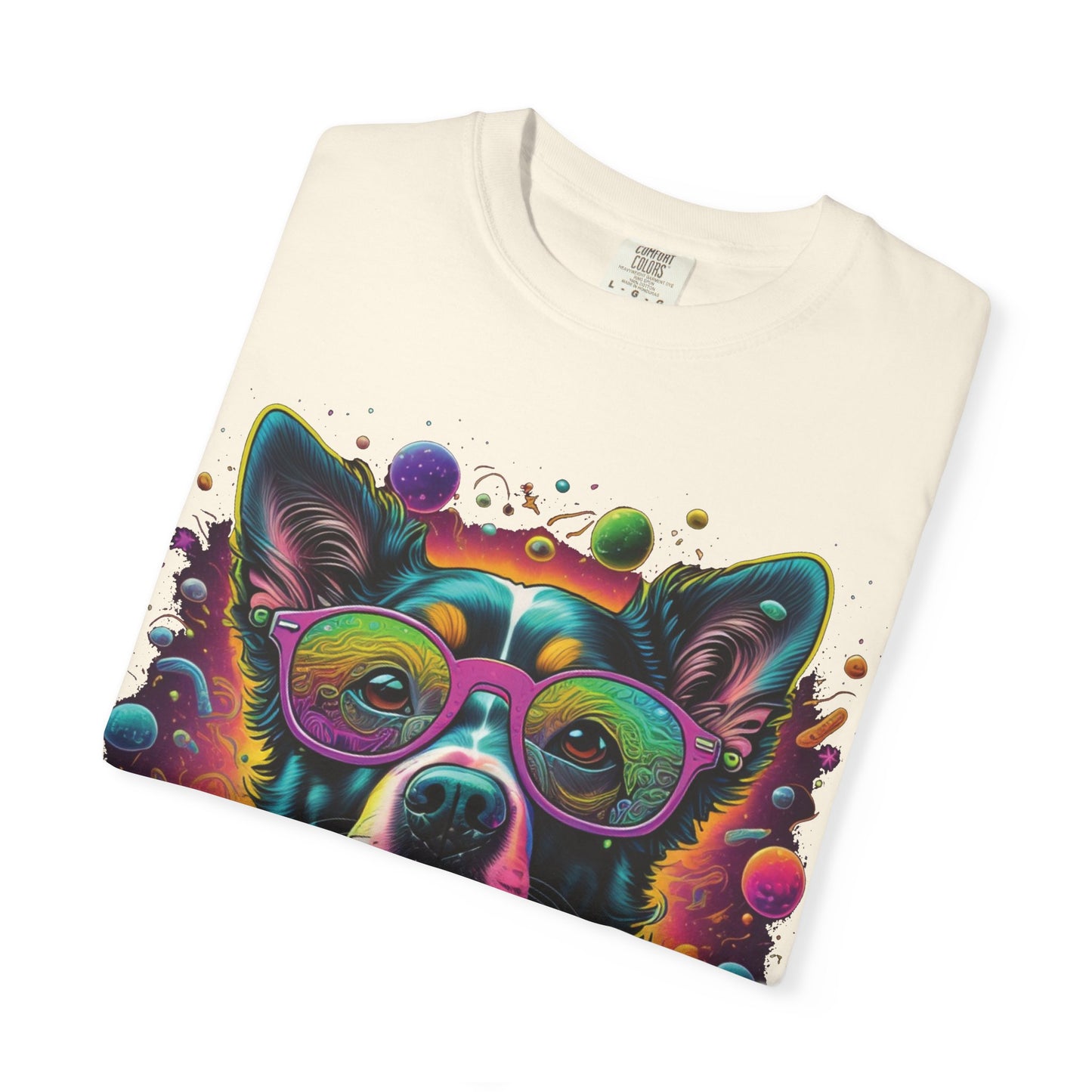Psychedelic Dog Graphic T-Shirt — Vibrant Neon Pup Art Tee