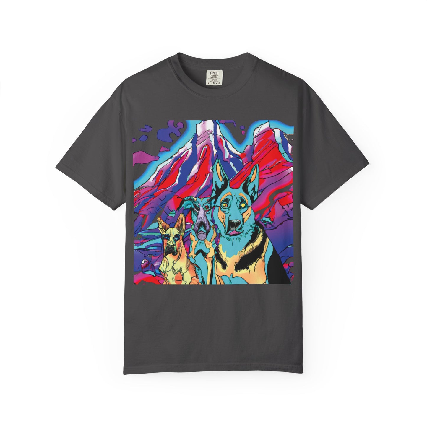 Psychedelic Mountain German Shepherd T-Shirt — Colorful Graphic Tee with Bold Back Script