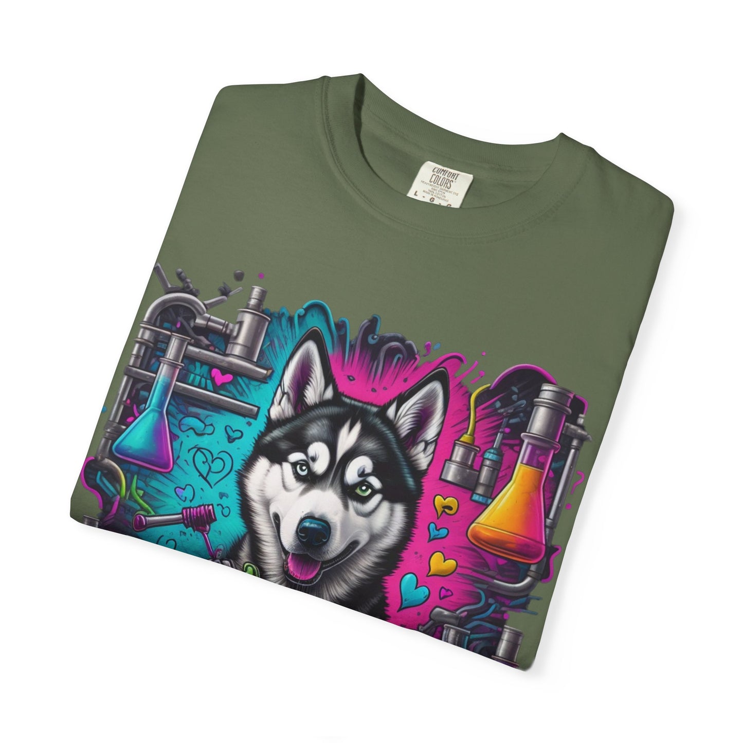 Husky Lab Graphic T-Shirt — Neon Science Dog Tee