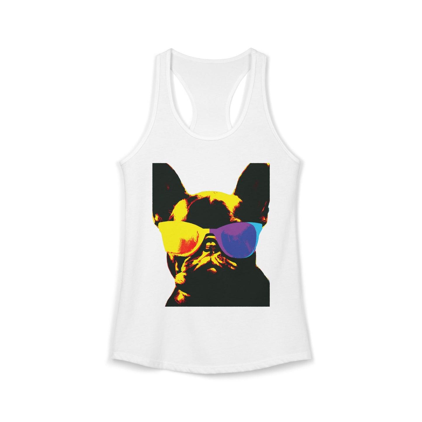 Gold Frenchie Graphic Racerback Tank — "Cool Glasses" French Bulldog Design