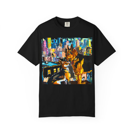 Dog Art T-Shirt — Colorful Urban Canine Print (Back Logo "PLUKOUT.com")