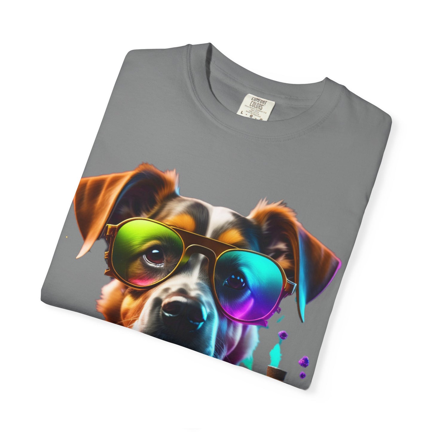 Dog Chemist Graphic T-Shirt — Colorful Lab Pup Design with 'Plurout.com' Backprint