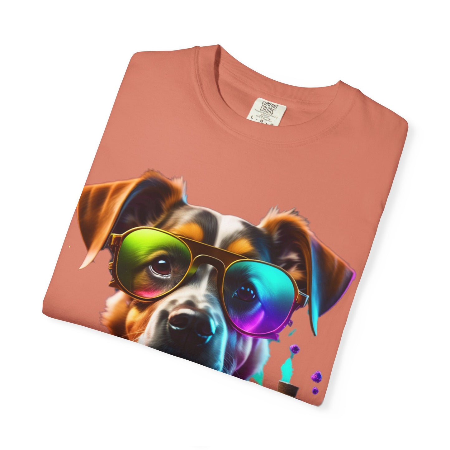 Dog Chemist Graphic T-Shirt — Colorful Lab Pup Design with 'Plurout.com' Backprint