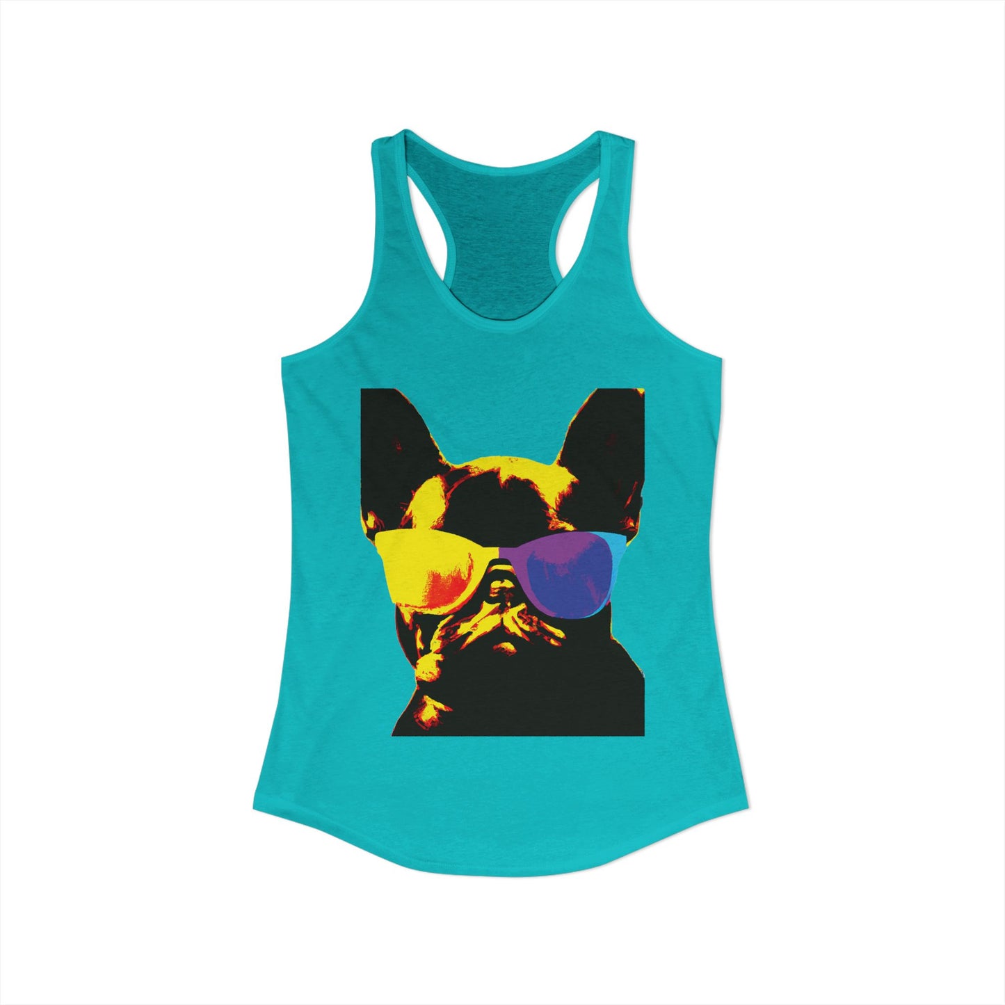 Gold Frenchie Graphic Racerback Tank — "Cool Glasses" French Bulldog Design