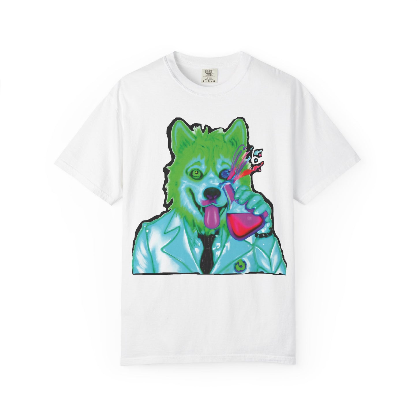 Chemist Wolf Graphic T-Shirt — Green Cartoon Animal Lab Art