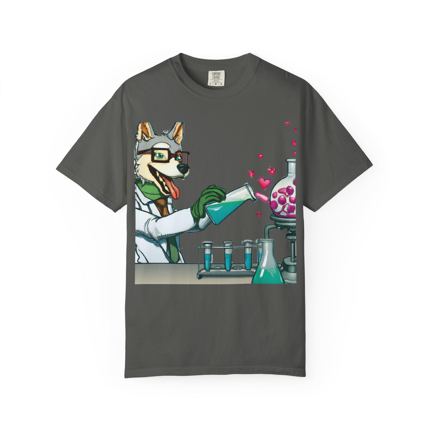 Chemist Dog T-Shirt — Cute Lab Scientist Pouring Love (Plurout.com Back Print)