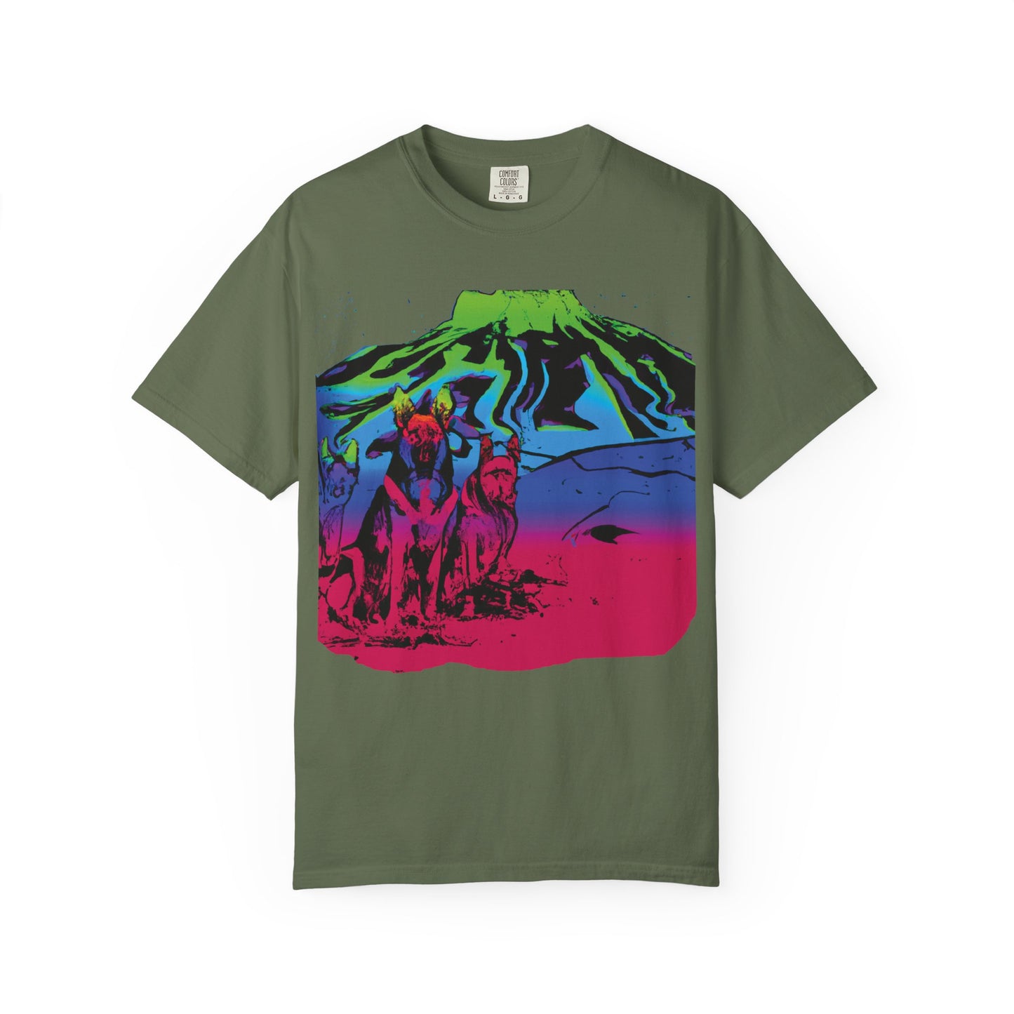 Psychedelic Volcano Dogs T-Shirt — Neon Mountain Graphic Tee