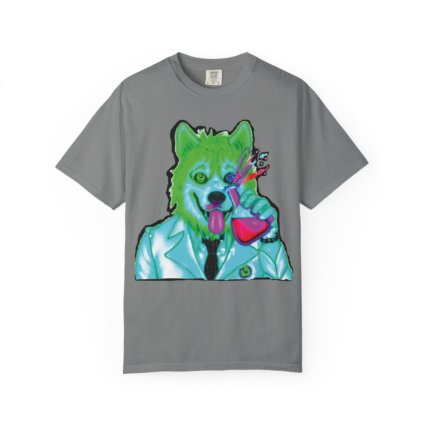 Chemist Wolf Graphic T-Shirt — Green Cartoon Animal Lab Art