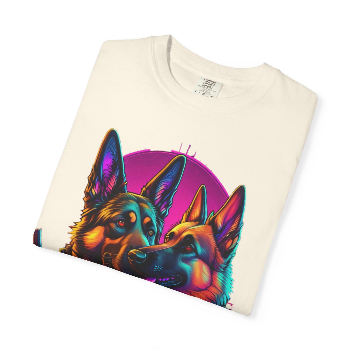 German Shepherd Duo T‑Shirt — Neon Retro K9 Art