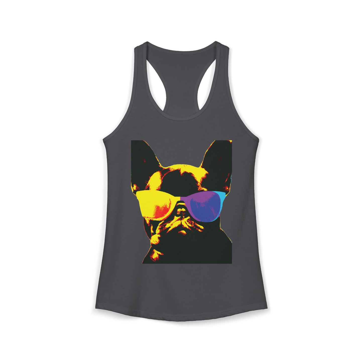 Gold Frenchie Graphic Racerback Tank — "Cool Glasses" French Bulldog Design