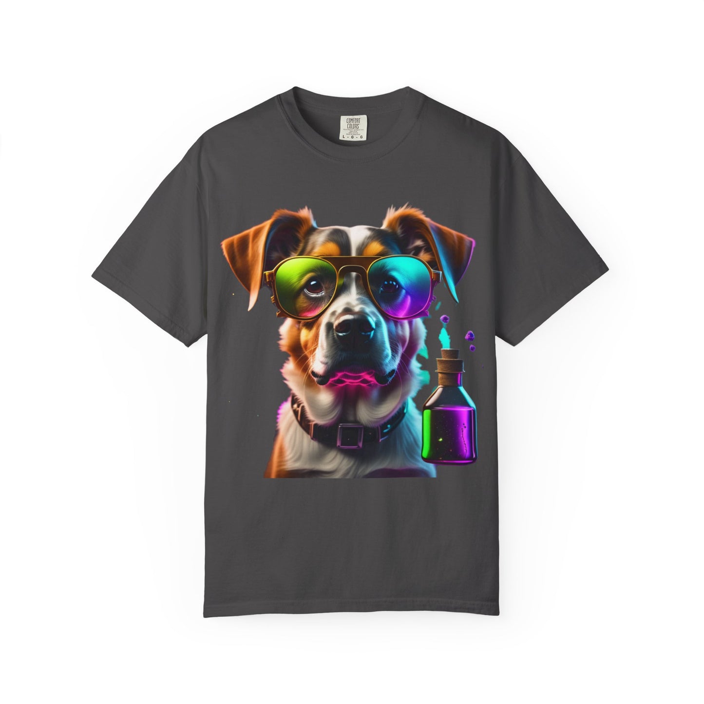 Dog Chemist Graphic T-Shirt — Colorful Lab Pup Design with 'Plurout.com' Backprint