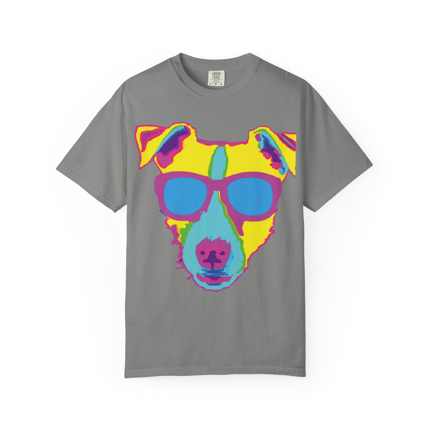 Dog Sunglasses Tee — Colorful Pop Art Dog T-Shirt (PLURout.com Back)