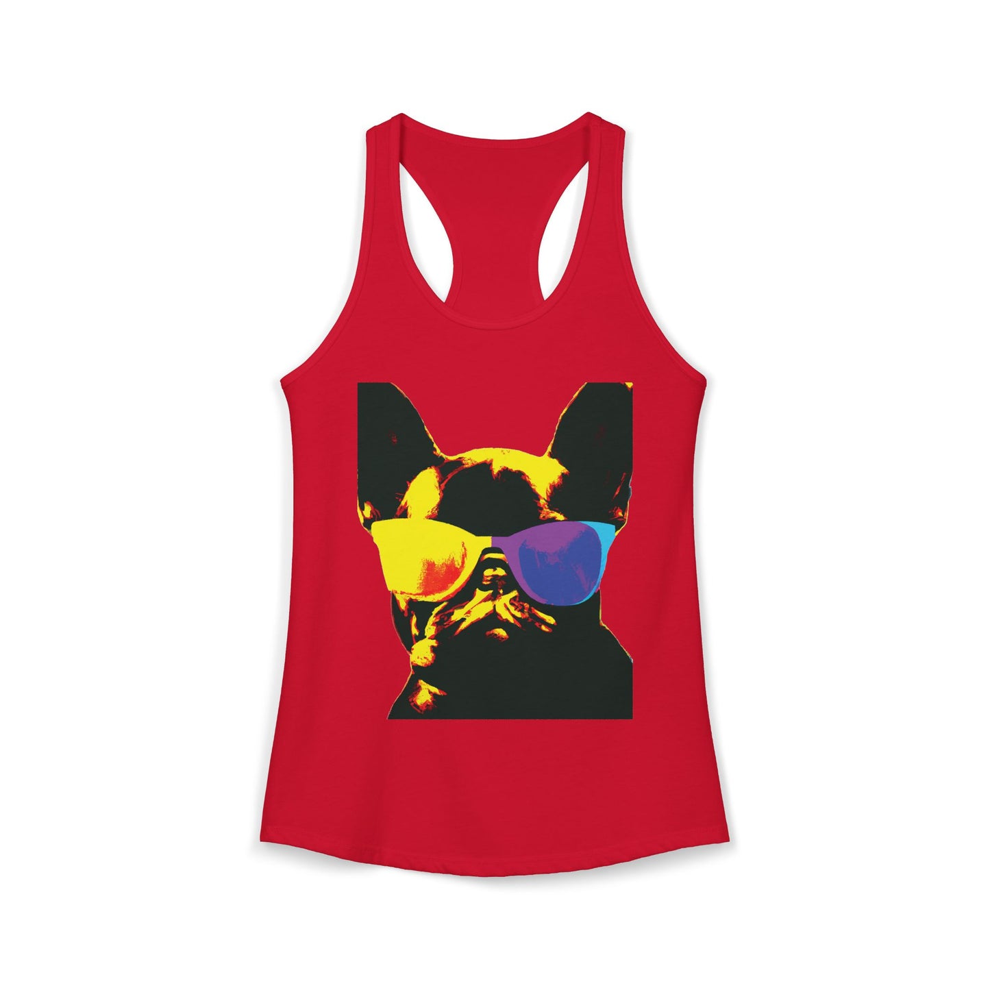 Gold Frenchie Graphic Racerback Tank — "Cool Glasses" French Bulldog Design