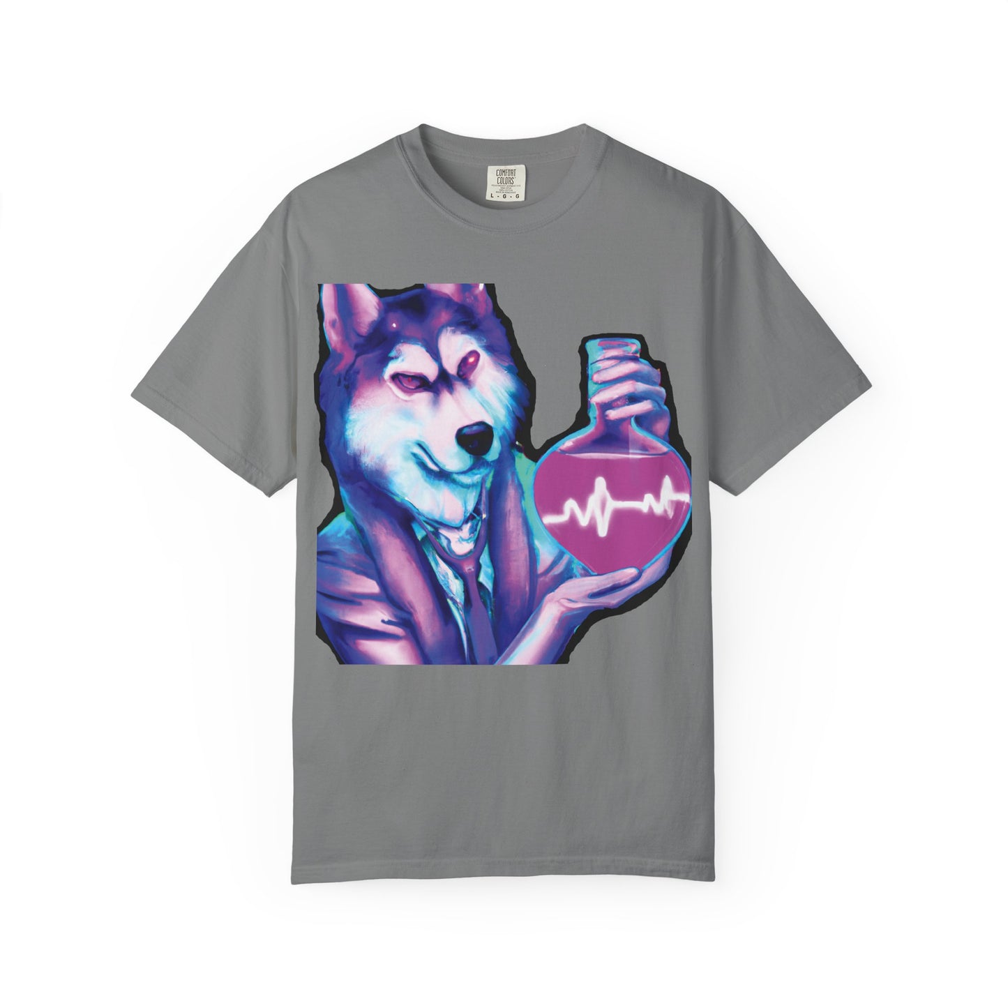 Husky Chemist T-Shirt — Neon Vial Heartbeat Graphic Tee
