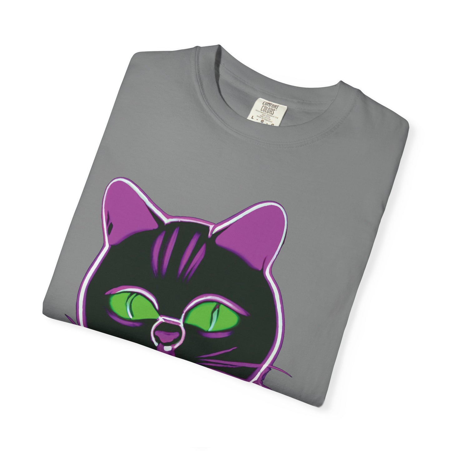 Neon Black Cat Graphic T-Shirt — Glow Green/Purple Cat Tee
