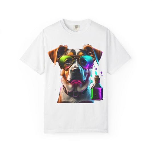 Dog Chemist Graphic T-Shirt — Colorful Lab Pup Design with 'Plurout.com' Backprint