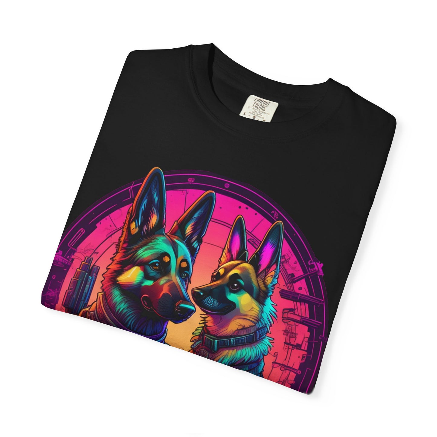 German Shepherd T-Shirt — Neon Retro Dog Duo Graphic Tee