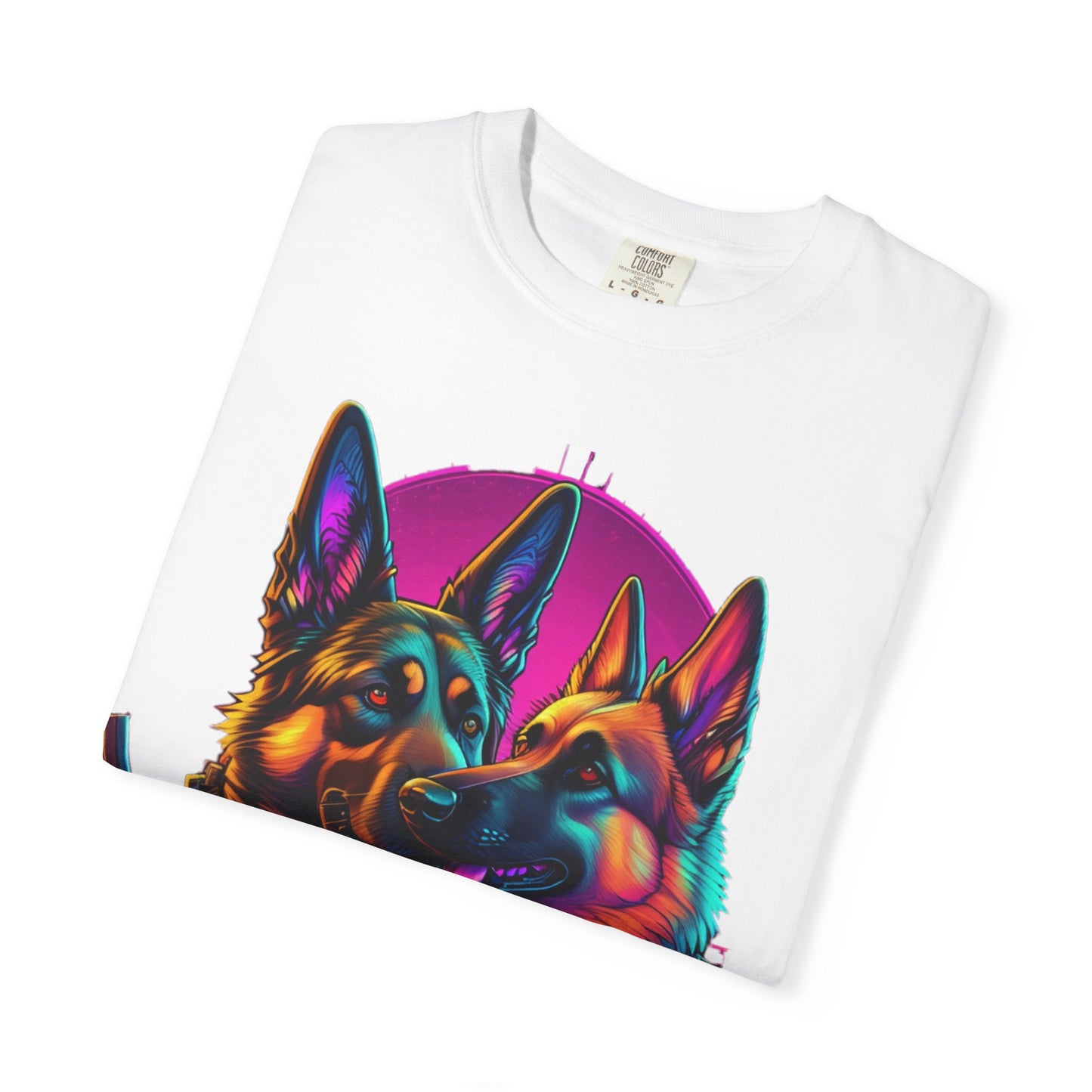 German Shepherd Duo T‑Shirt — Neon Retro K9 Art