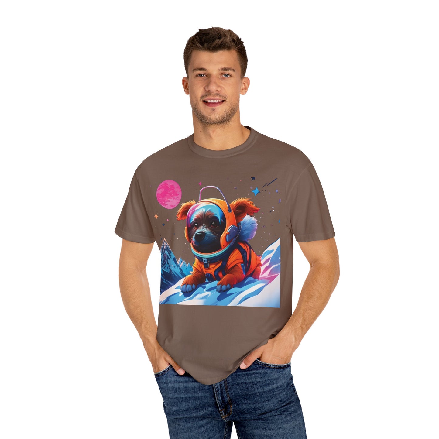 Astronaut Pug T-Shirt — Cute Space Dog Graphic Tee with PLUROUT.com Back Print