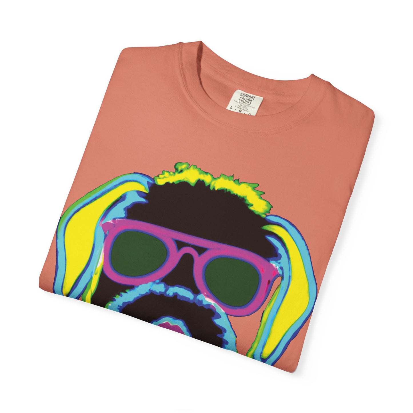 Neon Cool Dog Graphic T-Shirt — Sunglasses Pup Tee with PlurOut Backprint