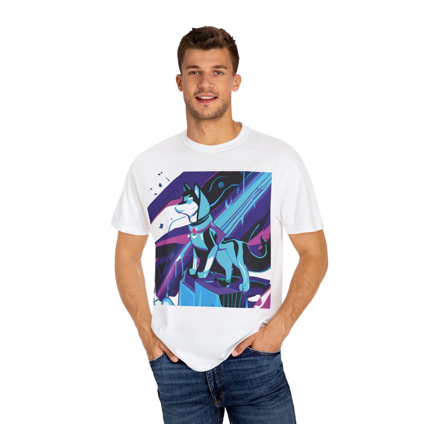Arctic Husky Graphic T‑Shirt — Neon Cyber Wolf Design