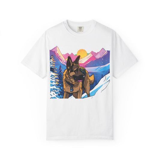 German Shepherd Mountain Sunset T-Shirt — Scenic Dog Graphic Tee