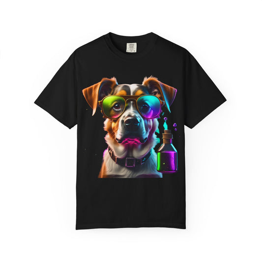 Dog Chemist Graphic T-Shirt — Colorful Lab Pup Design with 'Plurout.com' Backprint