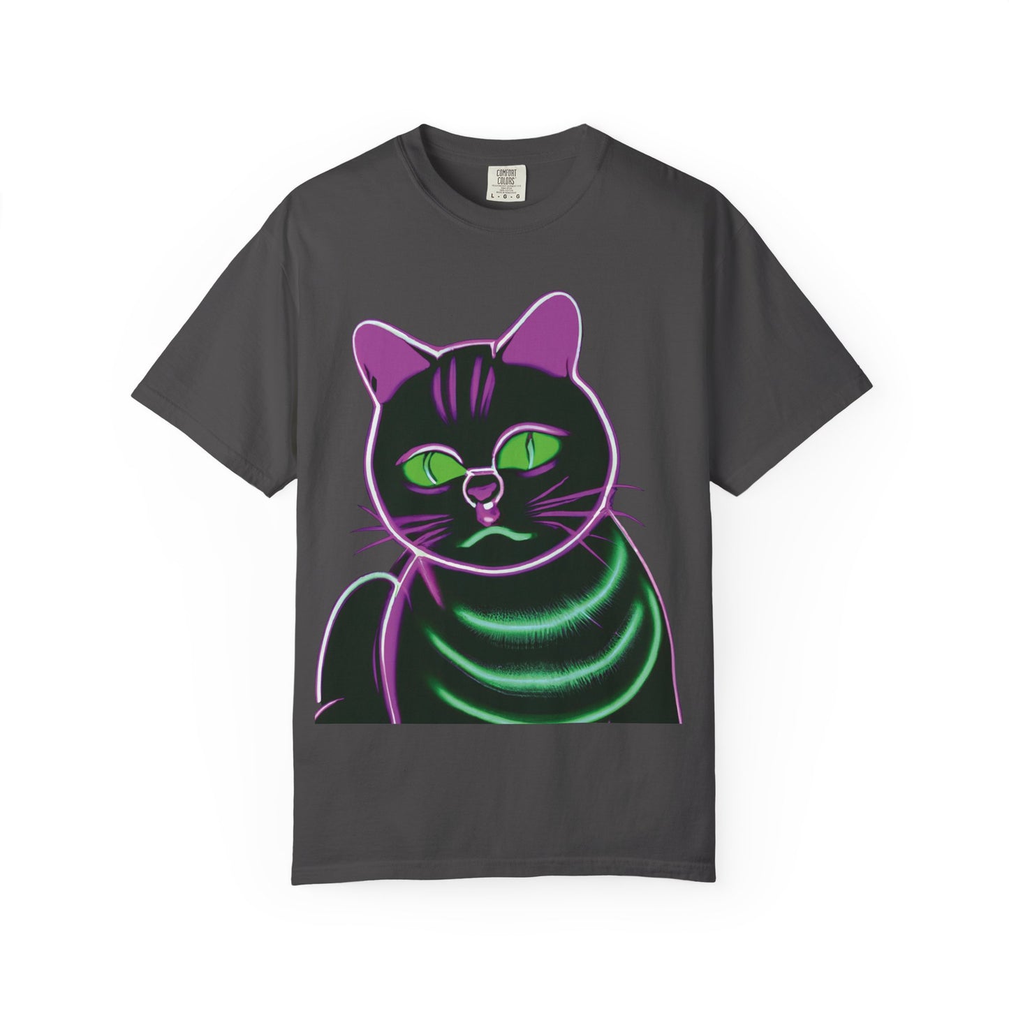 Neon Black Cat Graphic T-Shirt — Glow Green/Purple Cat Tee