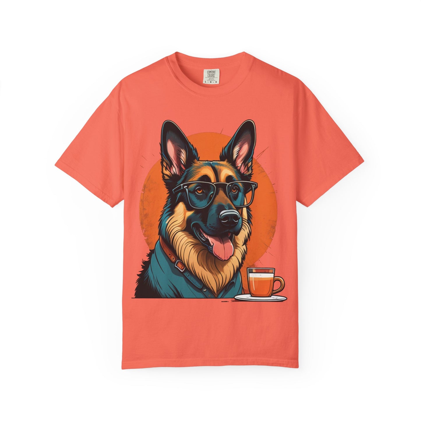 German Shepherd Coffee T-Shirt — Cool Dog Graphic Tee with Sunglasses & Mug