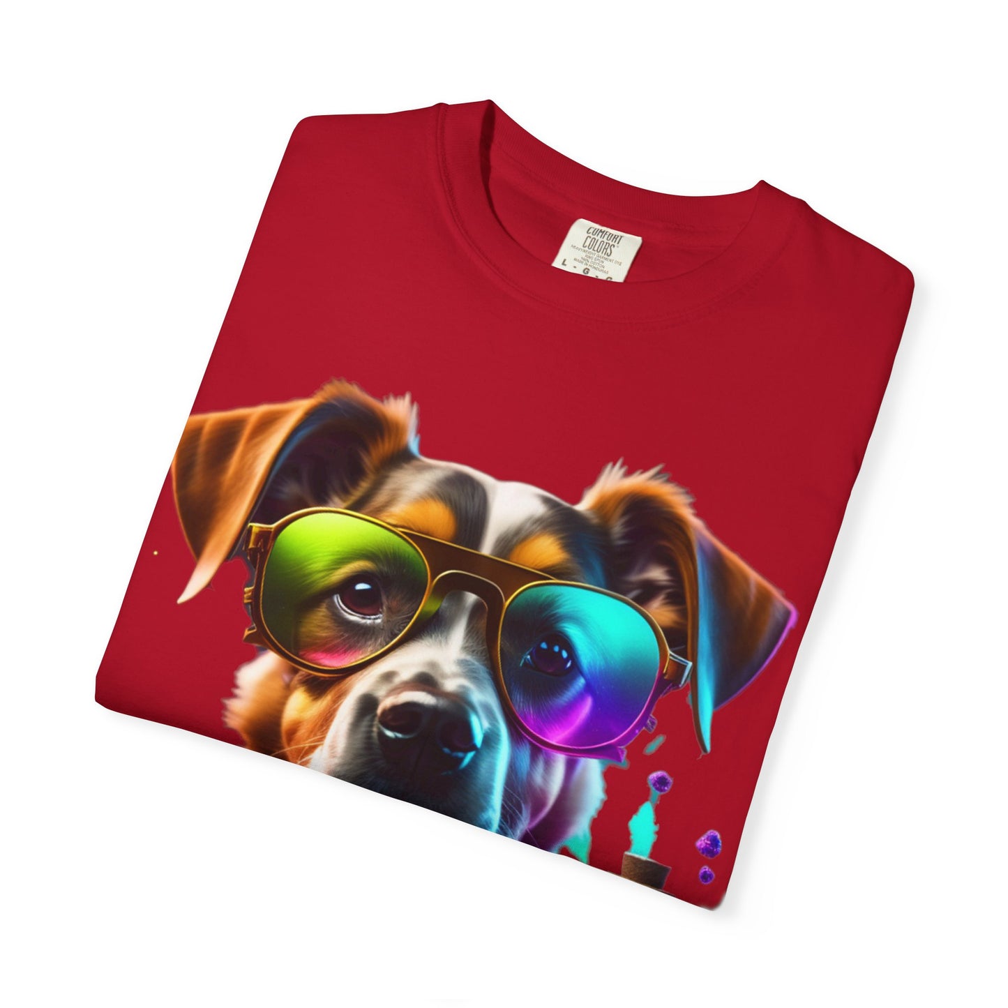 Dog Chemist Graphic T-Shirt — Colorful Lab Pup Design with 'Plurout.com' Backprint