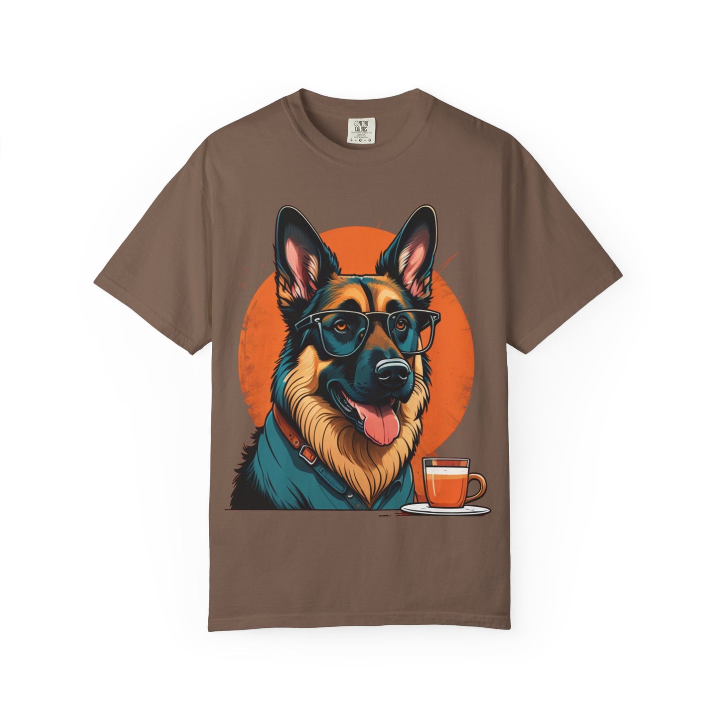 German Shepherd Coffee T-Shirt — Cool Dog Graphic Tee with Sunglasses & Mug