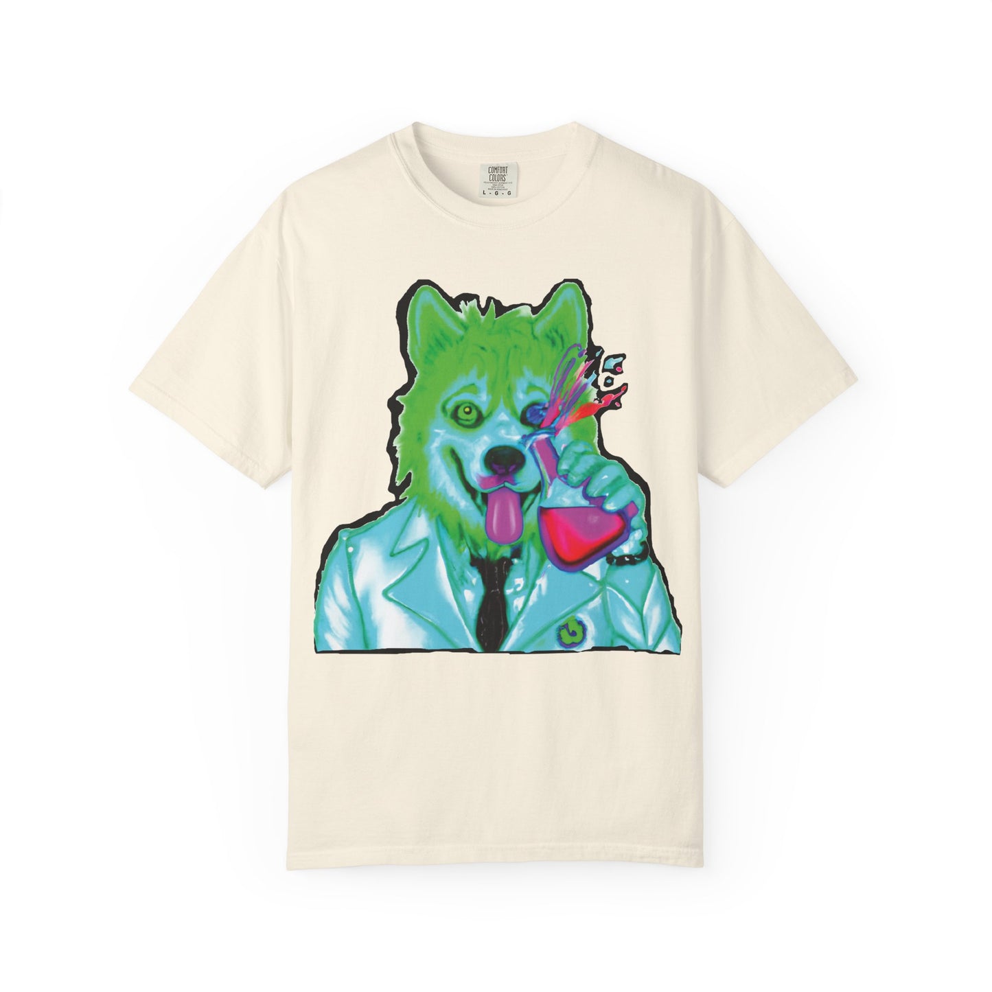 Chemist Wolf Graphic T-Shirt — Green Cartoon Animal Lab Art