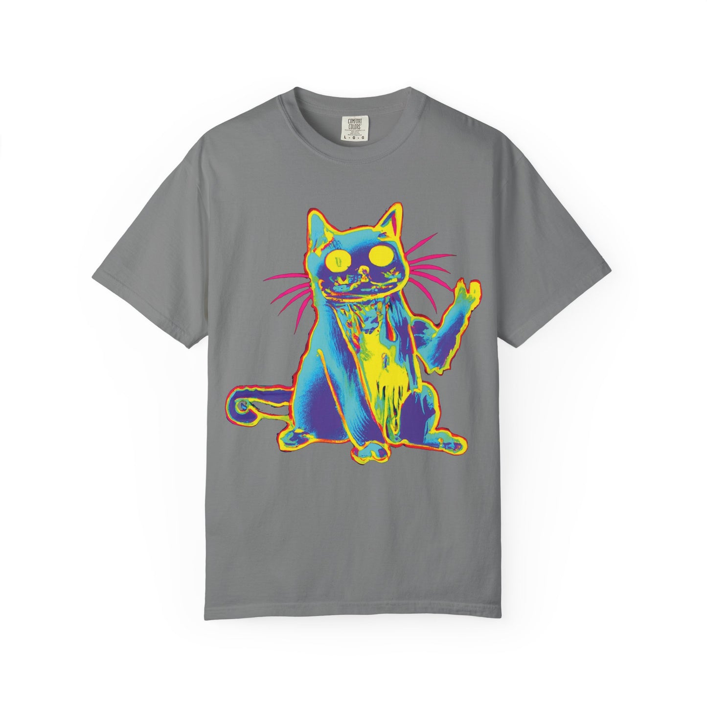 Psychedelic Cat Graphic T-Shirt — Retro Neon Cat Front + 'PLURR0UT.com' Back